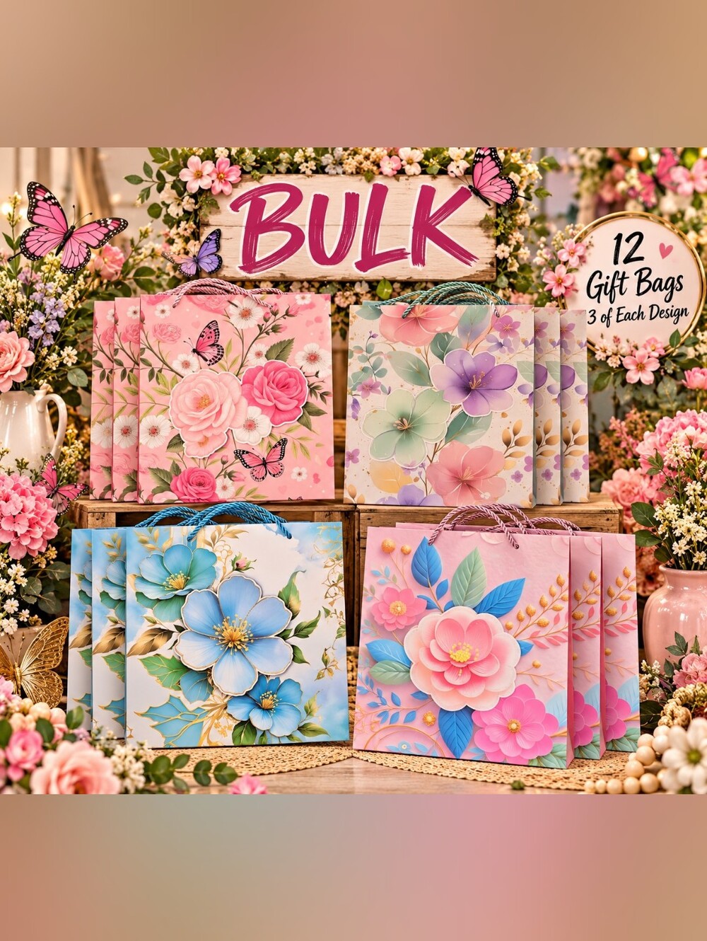 BULK Floral Assorted Gift Bags - 12 Pack